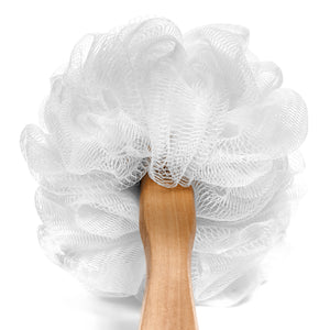 Shower Loofah Body & Back Scrubber - Long Handled Mesh Bath Sponge Pouf Luffa Brush on a Stick with a Wood Handle for Men & Women - Easy Reach Body Wash & Lotion Applicator
